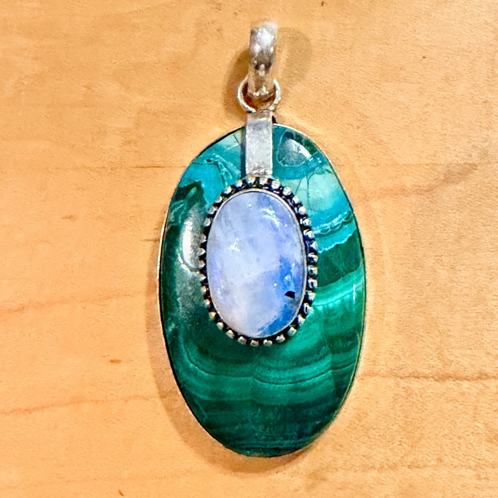 Beautiful XL Chrysocolla w/Moonstone Accent Pendant Necklace